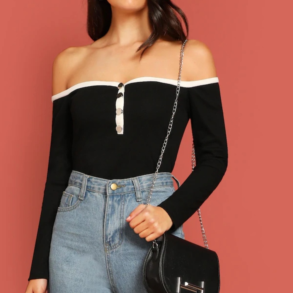 Off Shoulder Button Front Rib-Knit Tee - Picture 2 of 5